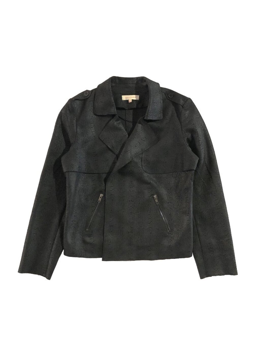 Solitaire Faux Suede Draped Moto Jacket Womens Sz M Black Snake Print Open Front